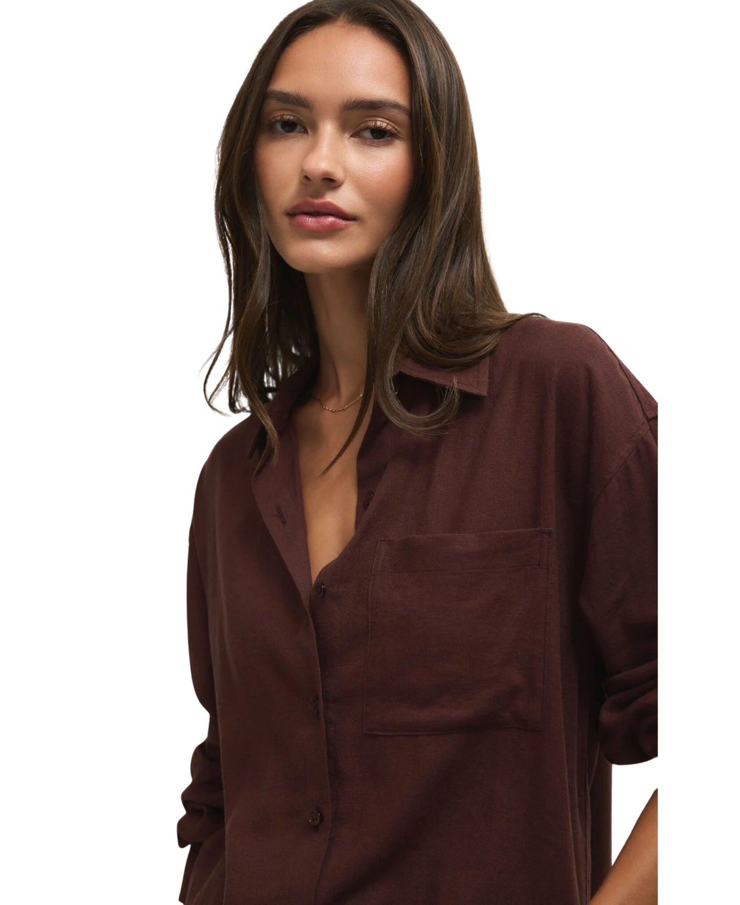 Z Supply Alfie Linen Button Up - Chocolate Cherry