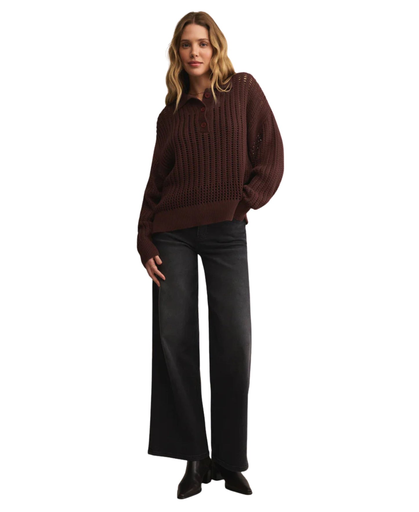 Z Supply Looking Glass Crochet Polo Sweater - Sandalwood