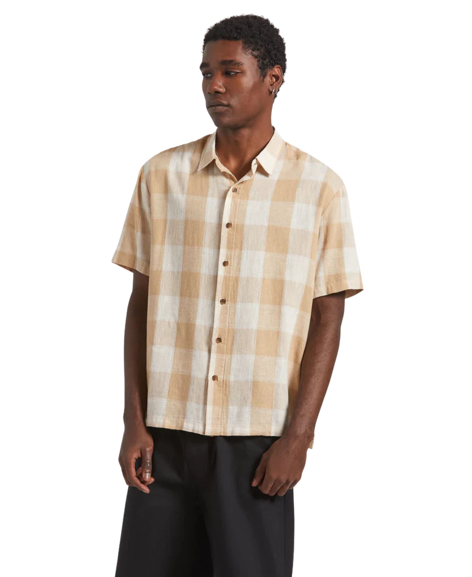 Brixton Cru Linen Blend Shirt - Off White/ Sand