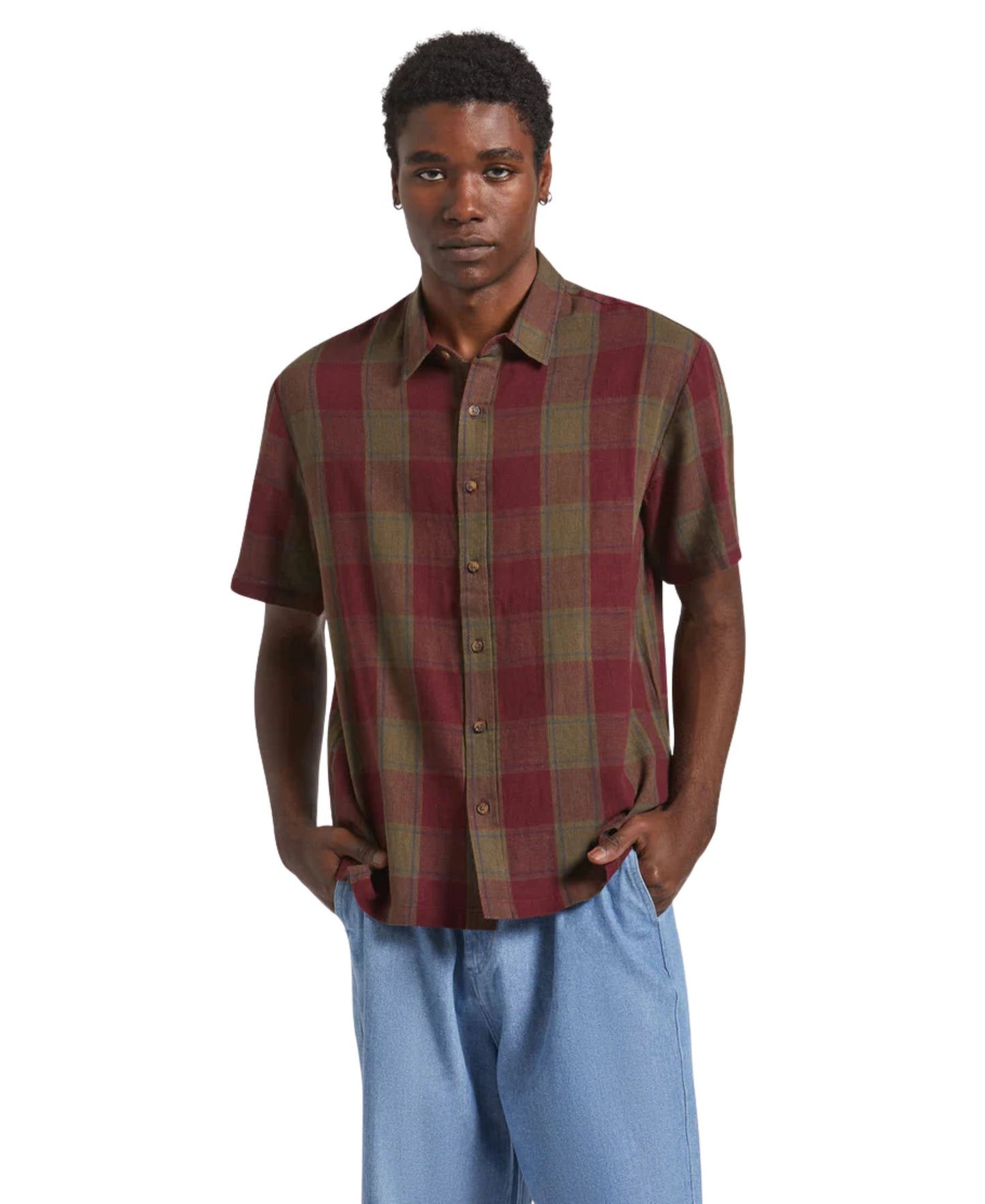 Brixton Cru Linen Blend Shirt - Olive Surplus/ Port