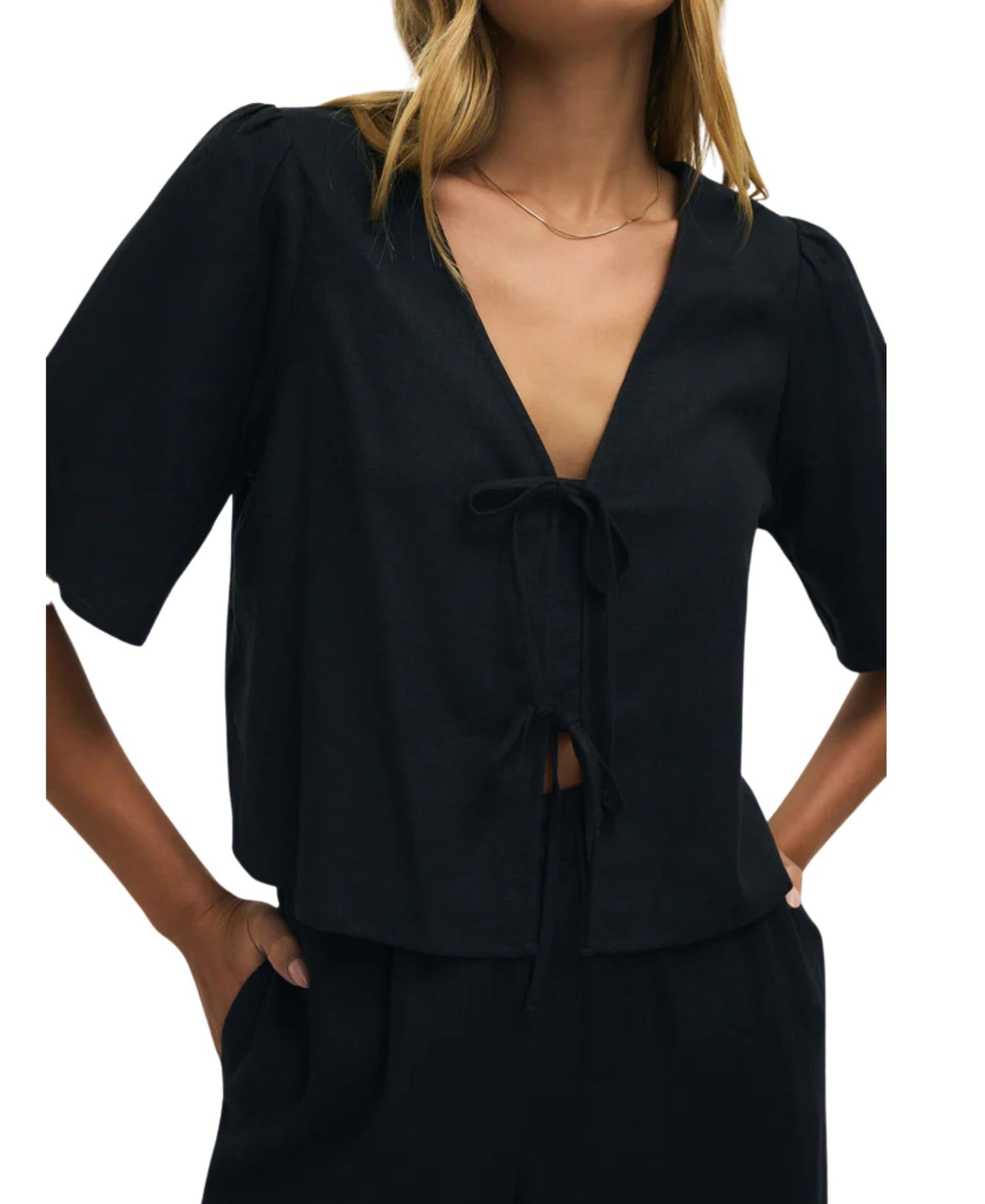 La Belle Linen Cropped Top - Black