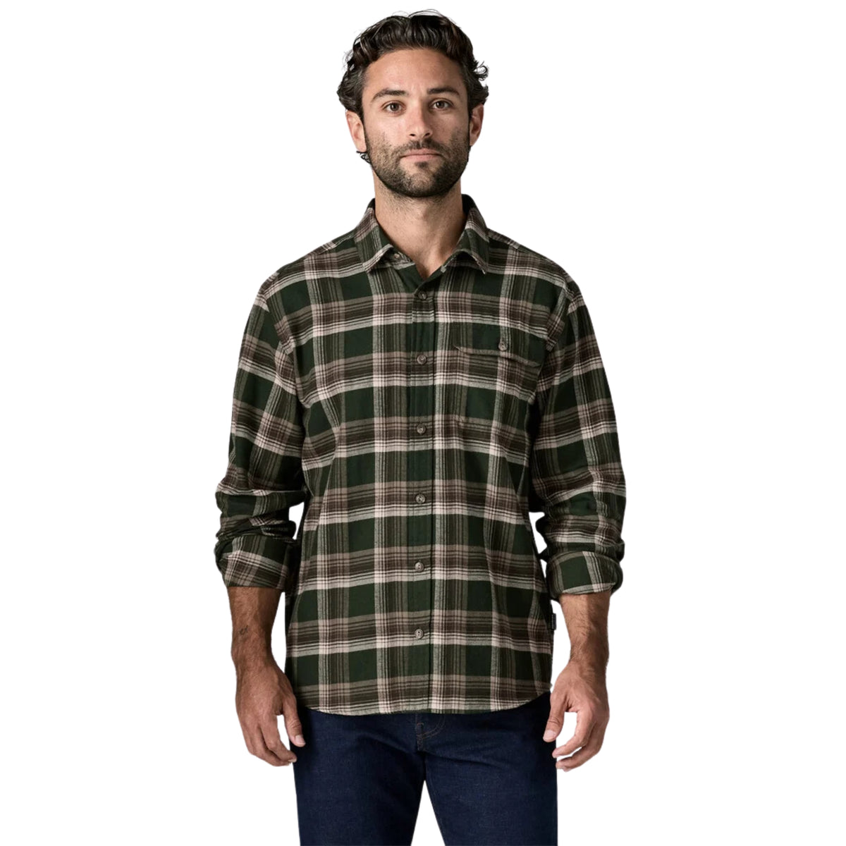 Patagonia Men's Long-Sleeved Lightweight Fjord Flannel Shirt - Cozy Cabin: Treadline Green