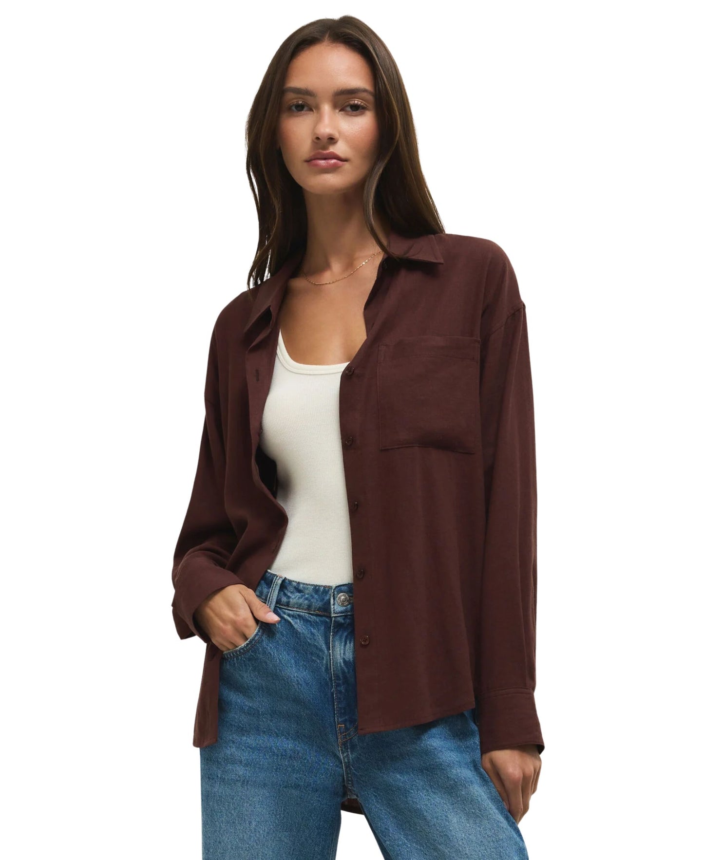 Z Supply Alfie Linen Button Up - Chocolate Cherry