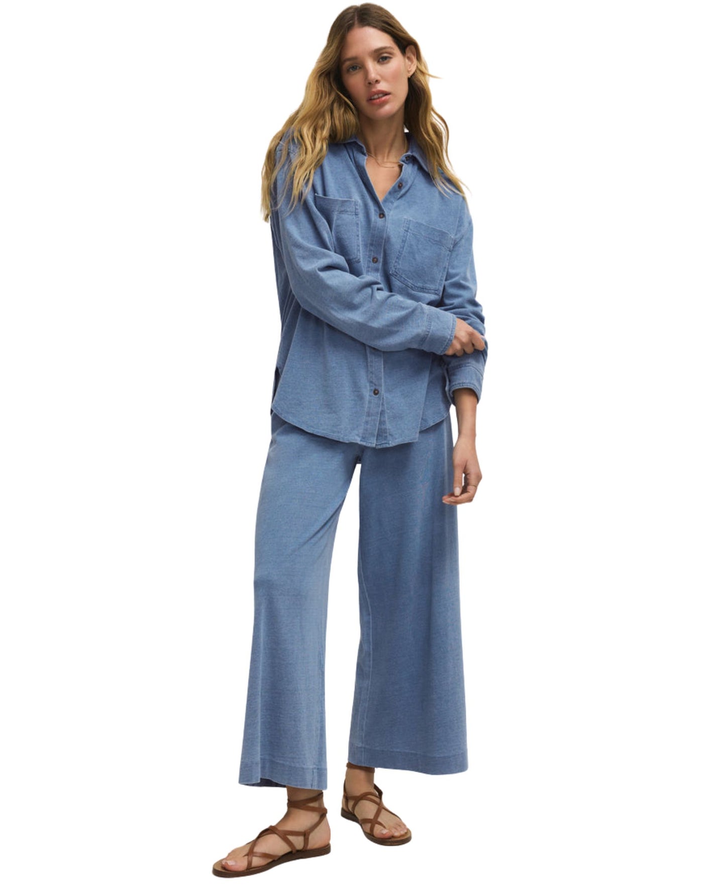 Z Supply Reese Jersey Denim Button Up - Santorini Indigo