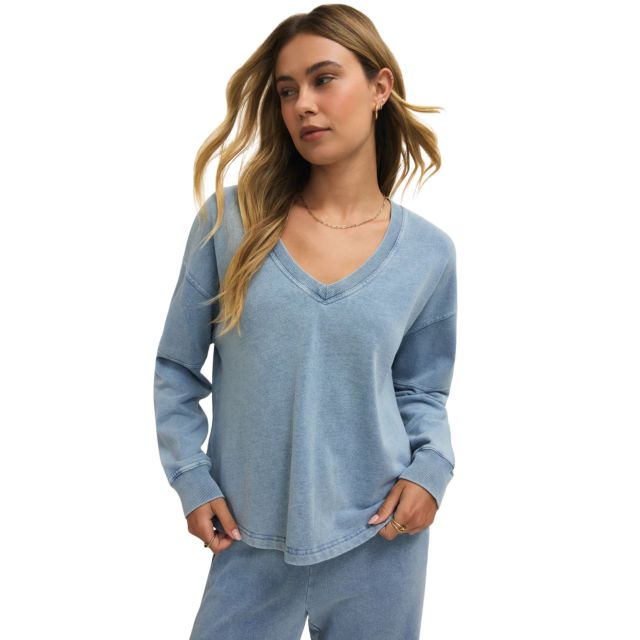 Z Supply Delphine Knit Denim V-Neck Sweatshirt