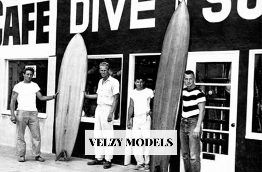 1950's photo of dale velzy and others in front of his surf shop